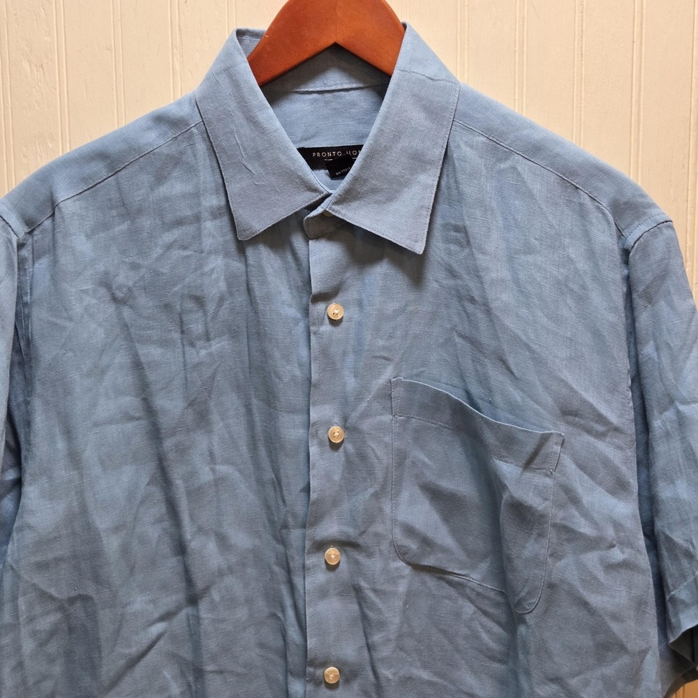 Pronto Uomo Shirt Mens Large Blue Solid Short‎ Sleeve Button Front Linen Casual